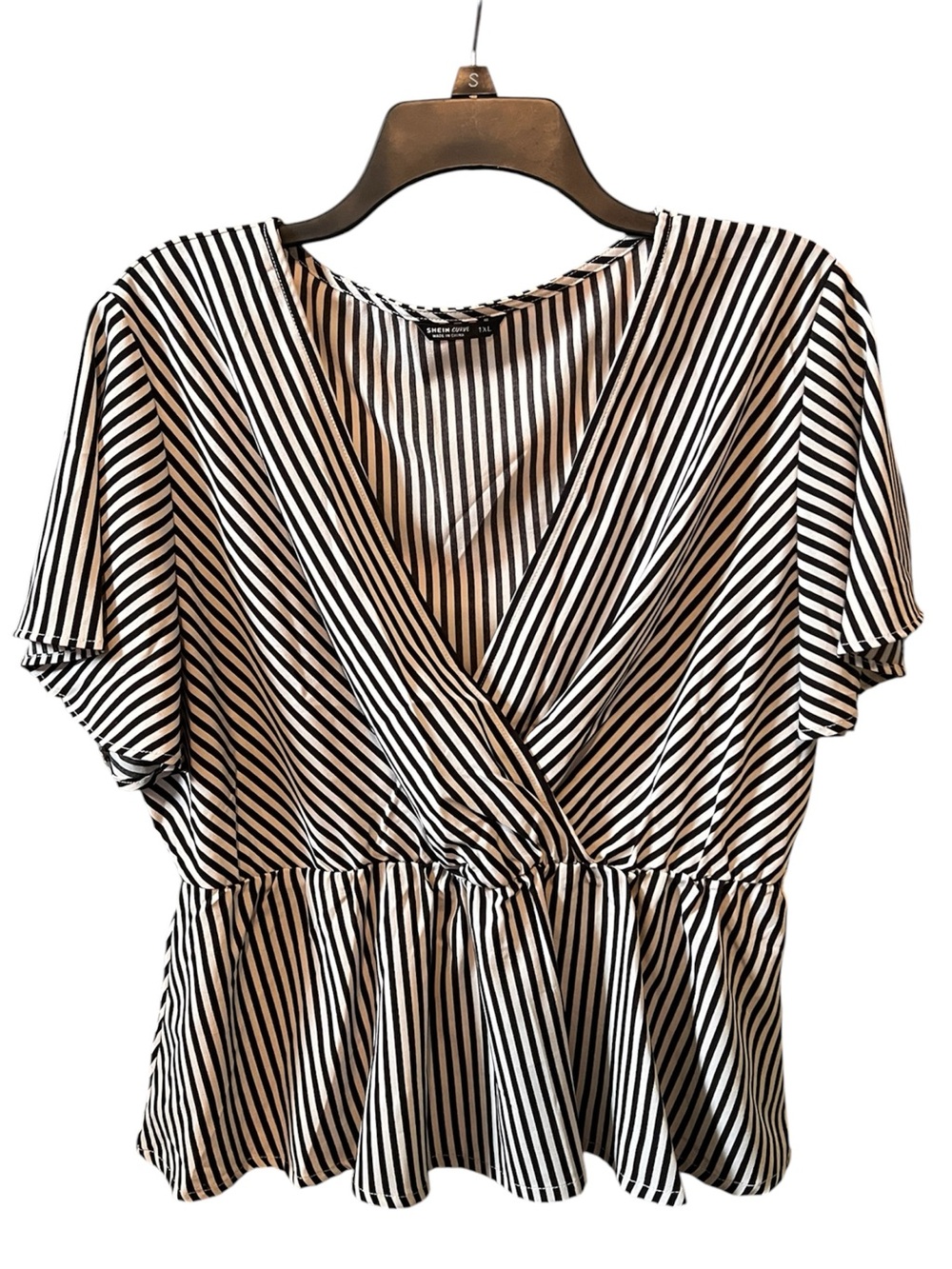 Black and White Striped Women’s Wrap Peplum Top SHEIN CURVE